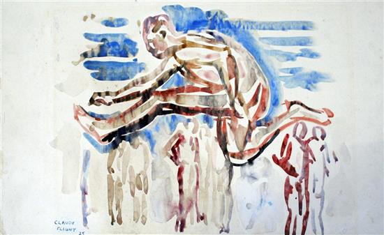 Claude Flight (1881-1955) unframed watercolour, Hurdle jumper, signed and dated 25, 24 x 41cm